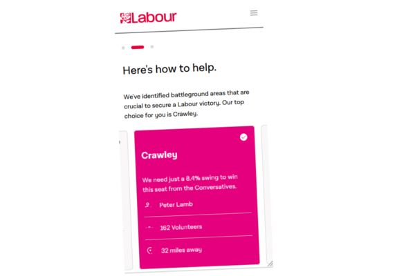 Screenshot of the Labour Party website instructing people to campaign in Crawley.